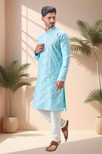 Sky blue art silk embroidery kurta pajama set