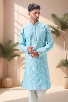 Sky blue art silk embroidery kurta pajama set 3