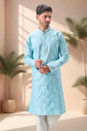 Sky blue art silk embroidery kurta pajama set