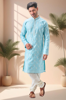 Sky blue art silk embroidery kurta pajama set 4