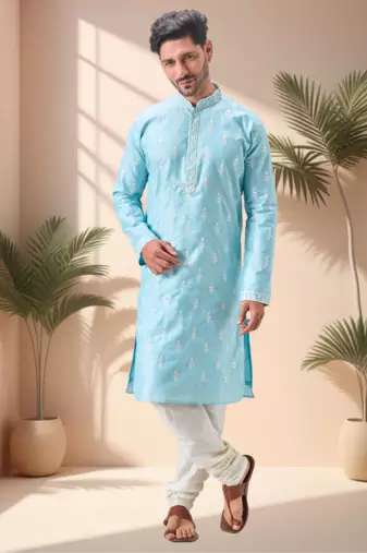 Sky blue art silk embroidery kurta pajama set