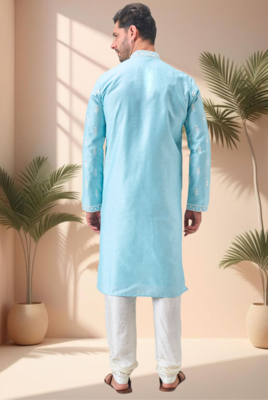 Sky blue art silk embroidery kurta pajama set 5