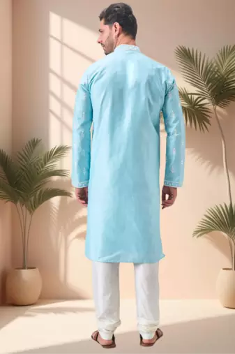 Sky blue art silk embroidery kurta pajama set