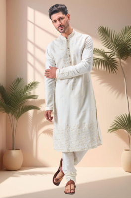 Off white linen embroidery kurta pajama set 1