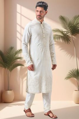 Off white linen embroidery kurta pajama set 2