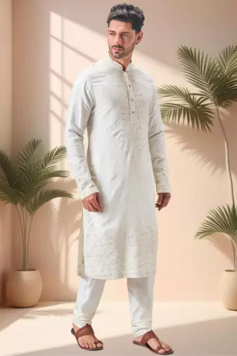 Off white linen embroidery kurta pajama set