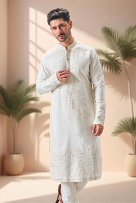 Off white linen embroidery kurta pajama set 3
