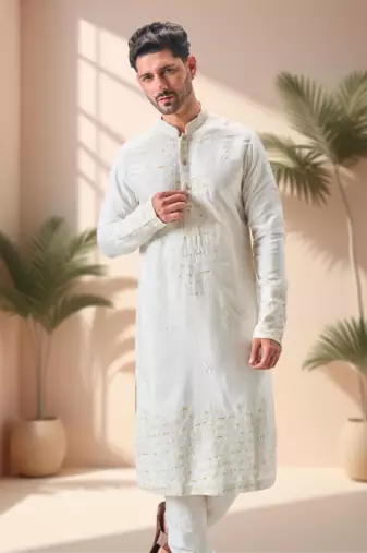 Off white linen embroidery kurta pajama set