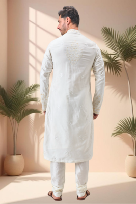 Off white linen embroidery kurta pajama set 4