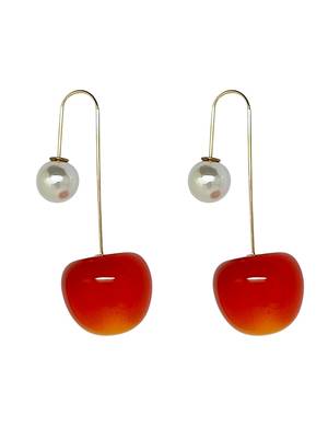 Gold-plated big red cherry pearl earring 2