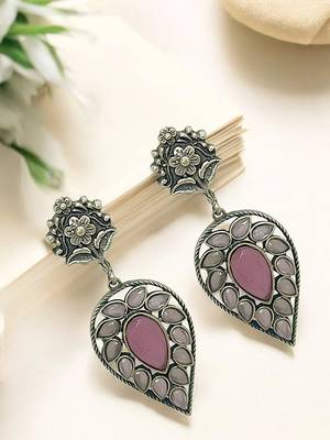 Silver-plated & pink contemporary stone-studded drop earrings 1