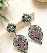 Silver-plated & pink contemporary stone-studded drop earrings
