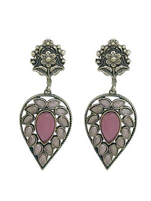 Silver-plated & pink contemporary stone-studded drop earrings 2