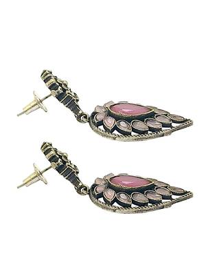 Silver-plated & pink contemporary stone-studded drop earrings 3