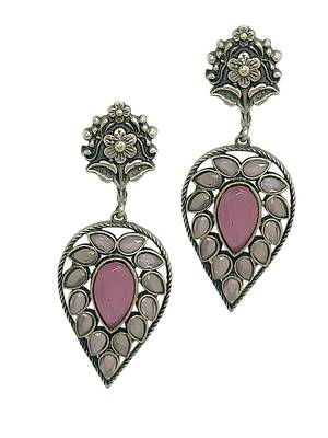 Silver-plated & pink contemporary stone-studded drop earrings 4
