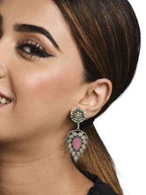 Silver-plated & pink contemporary stone-studded drop earrings 5