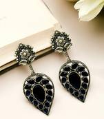 Silver-plated & black contemporary stone-studded drop earrings