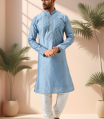 Grey art silk embroidery mirror work kurta pajama set