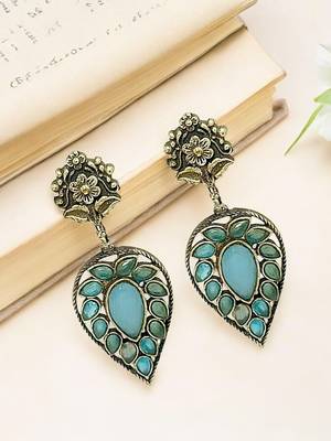 Silver-plated & blue contemporary stone-studded drop earrings 1