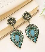Silver-plated & blue contemporary stone-studded drop earrings