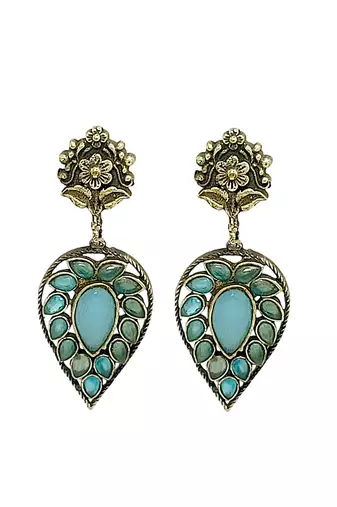 Silver-plated & blue contemporary stone-studded drop earrings
