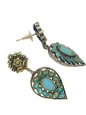 Silver-plated & blue contemporary stone-studded drop earrings 3