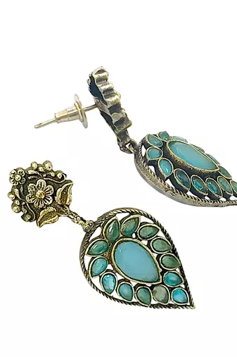 Silver-plated & blue contemporary stone-studded drop earrings
