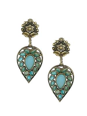 Silver-plated & blue contemporary stone-studded drop earrings 4