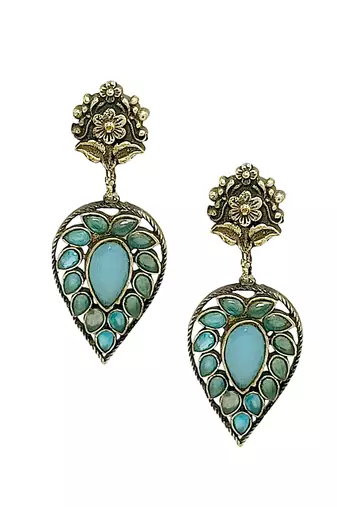 Silver-plated & blue contemporary stone-studded drop earrings