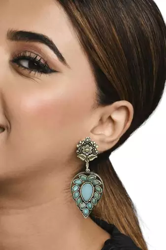 Silver-plated & blue contemporary stone-studded drop earrings
