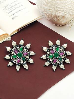 Silver-plated circular stone-studded studs earrings 1