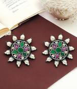 Silver-plated circular stone-studded studs earrings