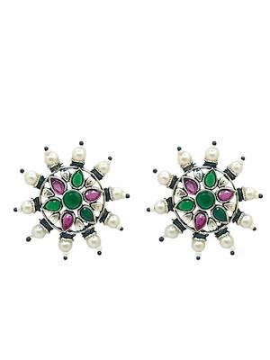 Silver-plated circular stone-studded studs earrings 2