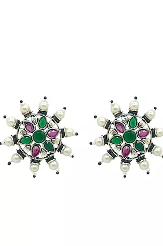 Silver-plated circular stone-studded studs earrings