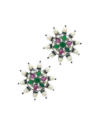 Silver-plated circular stone-studded studs earrings 4