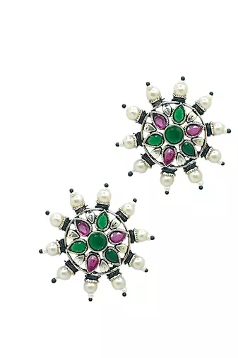 Silver-plated circular stone-studded studs earrings