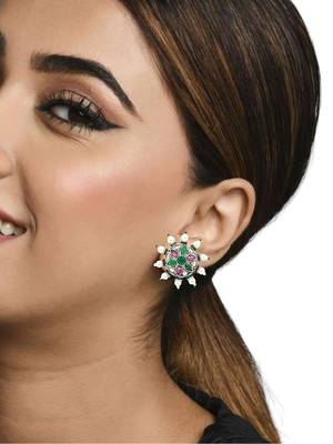 Silver-plated circular stone-studded studs earrings 5