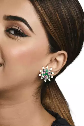 Silver-plated circular stone-studded studs earrings