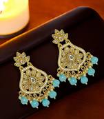 Gold-plated kundan studded & blue beaded chandbali earrings
