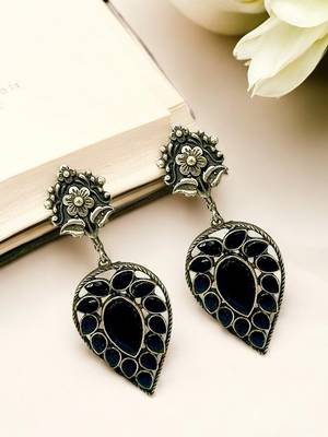 Silver-plated & black contemporary stone-studded drop earrings 1