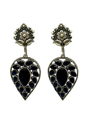 Silver-plated & black contemporary stone-studded drop earrings 2