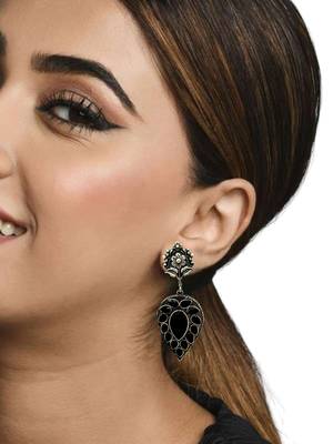 Silver-plated & black contemporary stone-studded drop earrings 5