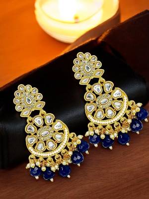 Gold-plated kundan studded & beaded chandbali earrings 1