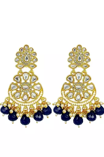 Gold-plated kundan studded & beaded chandbali earrings