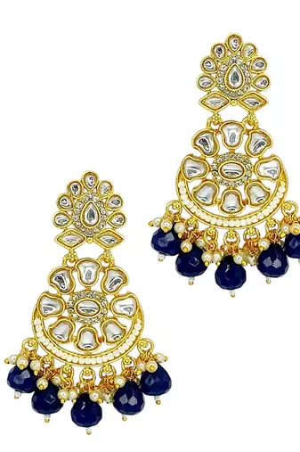 Gold-plated kundan studded & beaded chandbali earrings