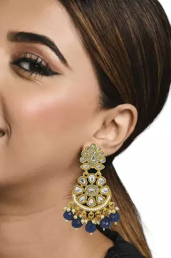 Gold-plated kundan studded & beaded chandbali earrings