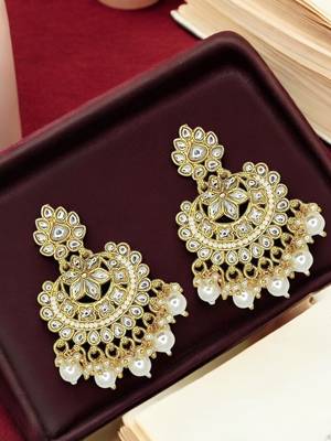 Gold-plated kundan studded chandbali earrings 1