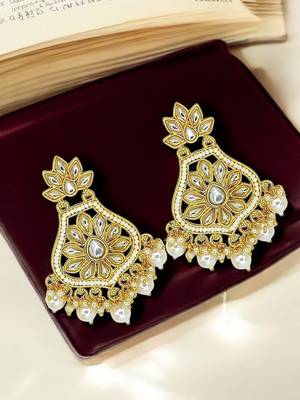 Gold-plated kundan studded & beaded chandbali earrings 1