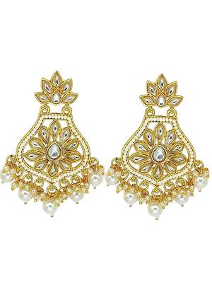 Gold-plated kundan studded & beaded chandbali earrings 2