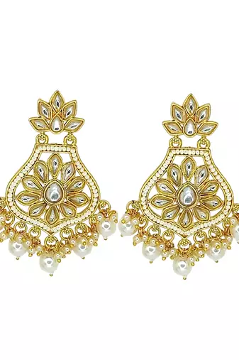 Gold-plated kundan studded & beaded chandbali earrings